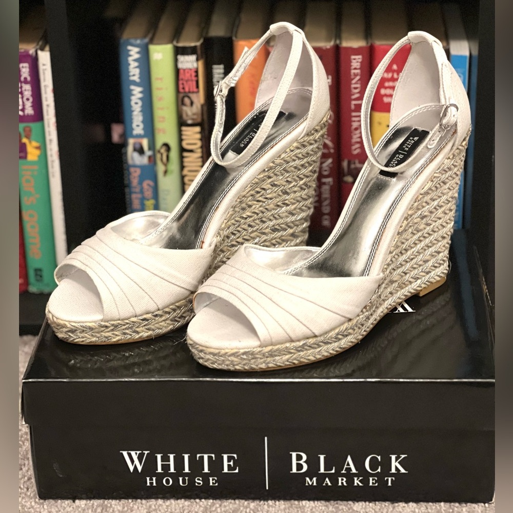 WHBM White 5” Wedge Sandal, size 10M.
